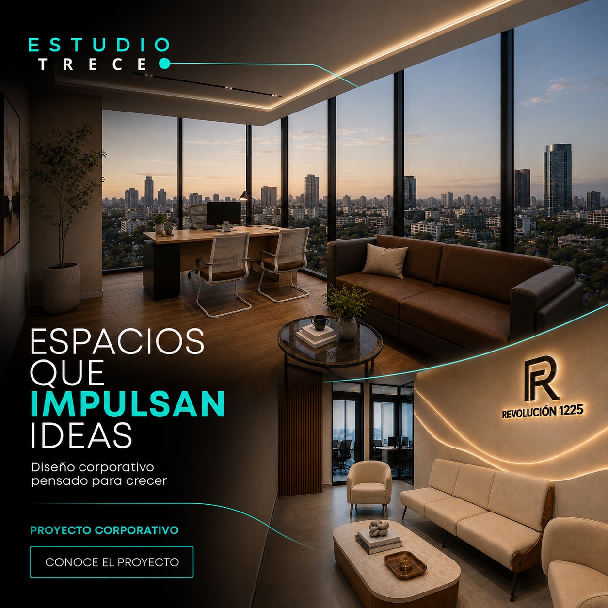 Estudio Trece: Espacios que impulsan ideas. Diseño corporativo, con imágenes de oficina y recepción de Revolución 1225.